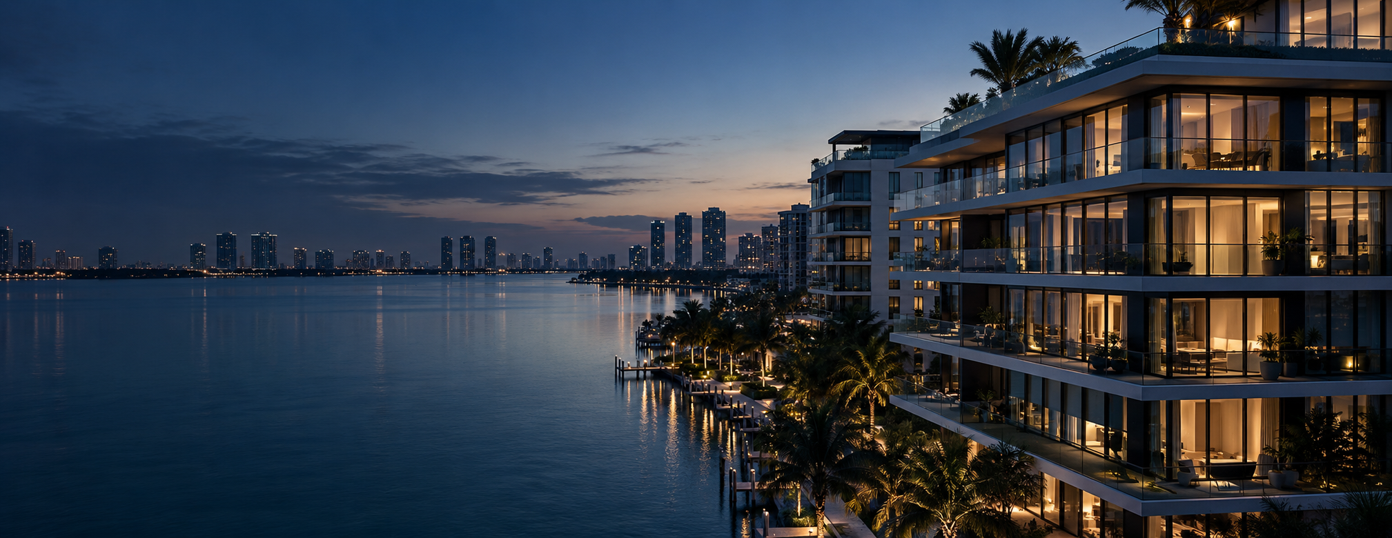 Waterfront South Florida architecture illuminated at blue hour
